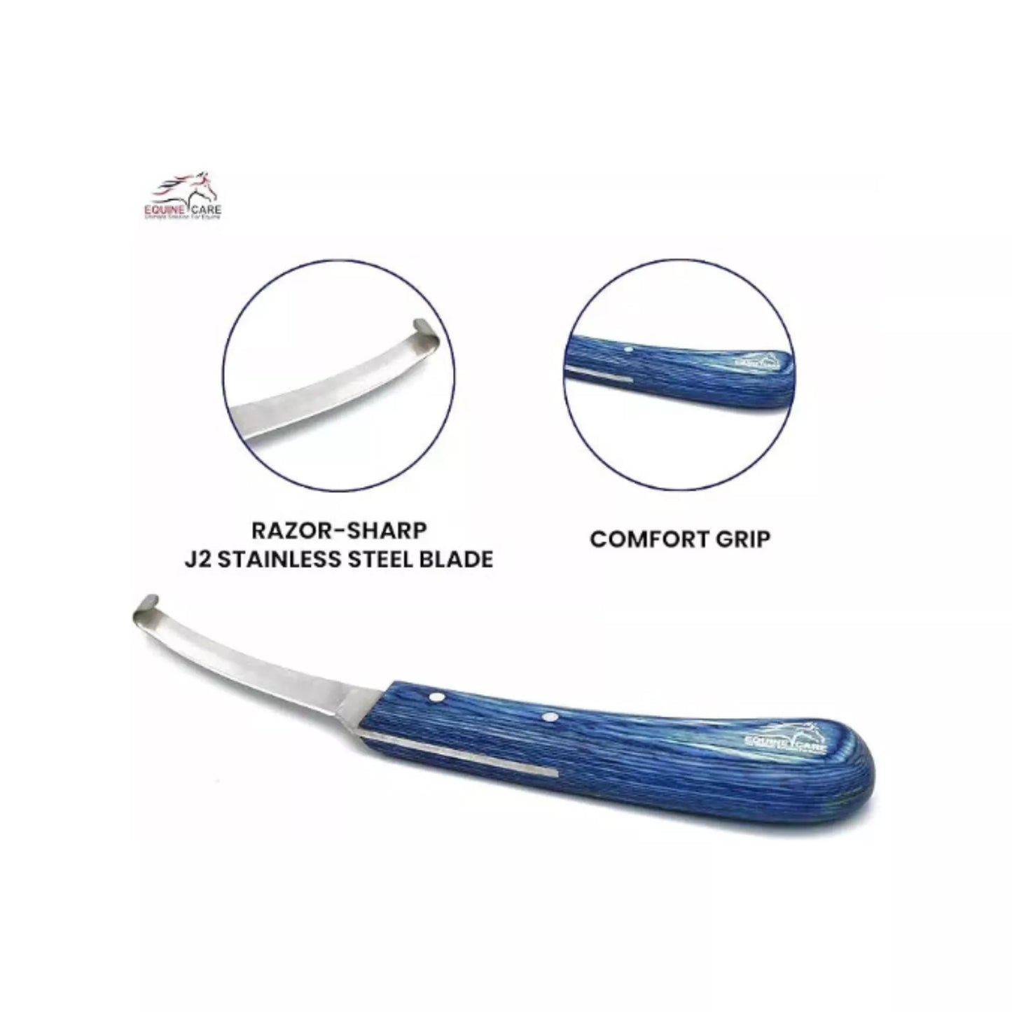 Equine Care Narrow Blade Hoof Knife – J2 Steel, Ergonomic Blue Handle