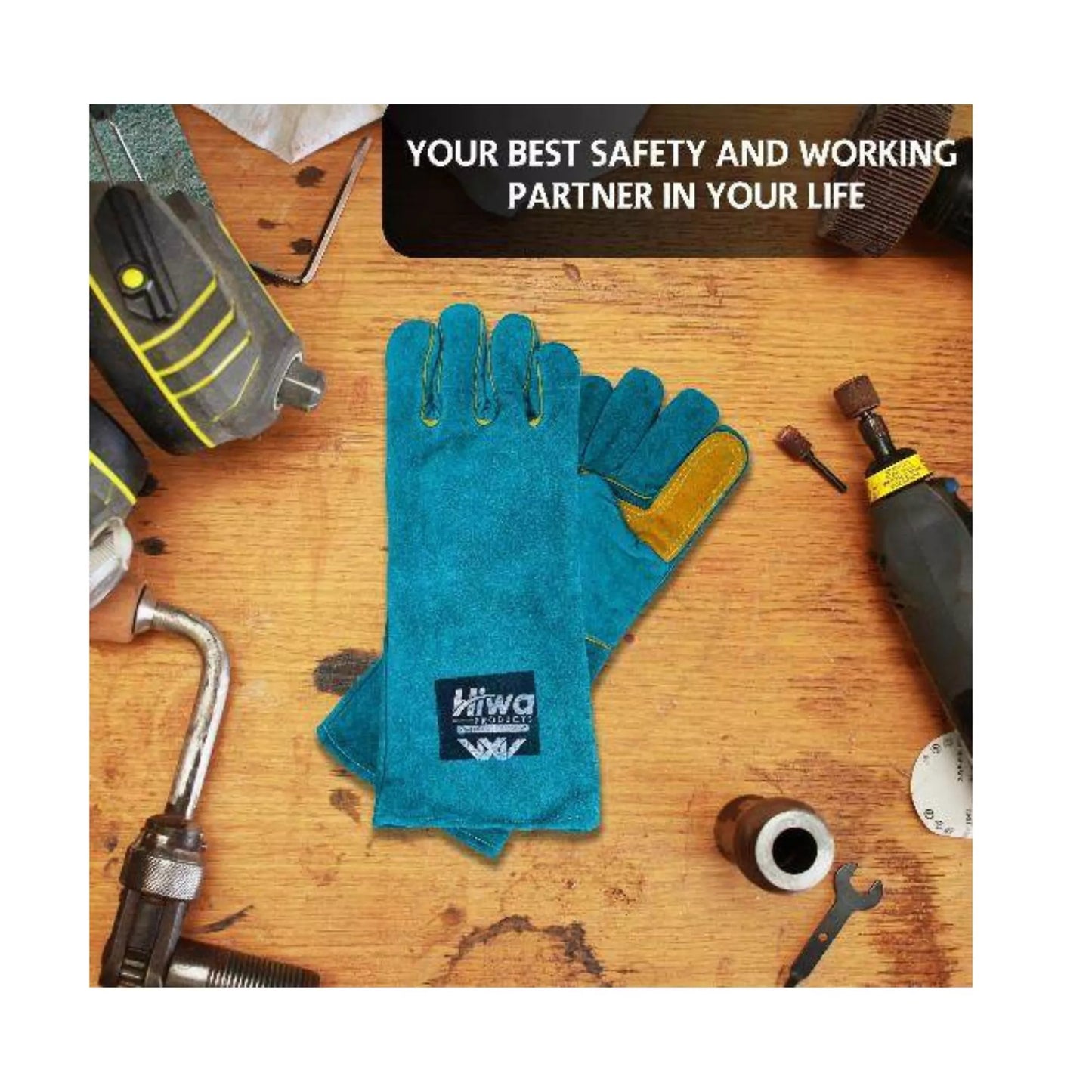 Heavy duty cowhide welding gloves displayed on workbench with industrial tools for scale and use context