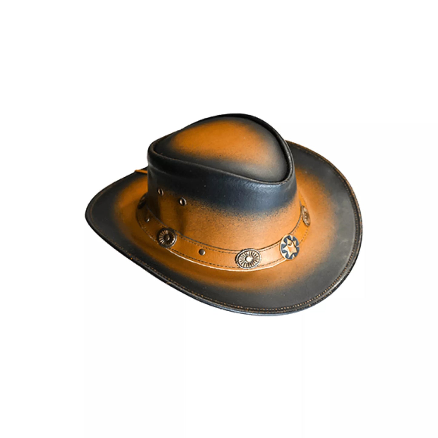 Two-Tone Leather Cowboy Hat with Feather and Sheriff Star Concho - Brown-Black Ombre