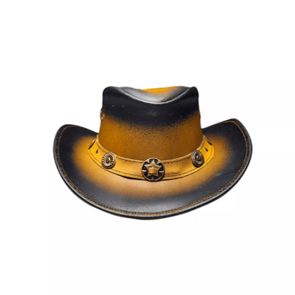 Unisex Two-Tone Leather Cowboy Hat with Shapeable 2.7″ Brim and Feather Accent