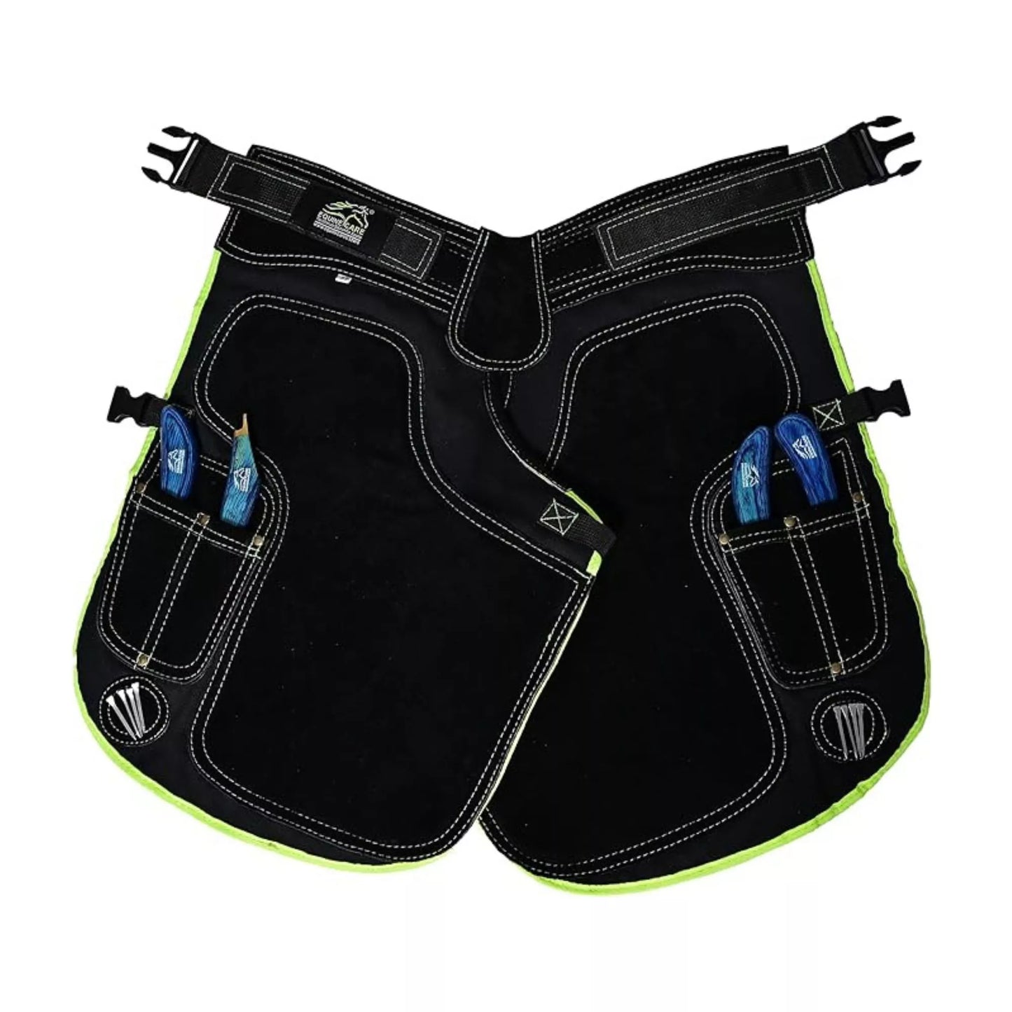 Equine Care Women’s 23″ Leather & Canvas Farrier Apron Chaps with Back Support, Black with Green Piping