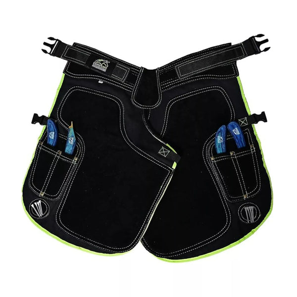 Equine Care Women’s 23″ Leather & Canvas Farrier Apron Chaps with Back Support, Black with Green Piping