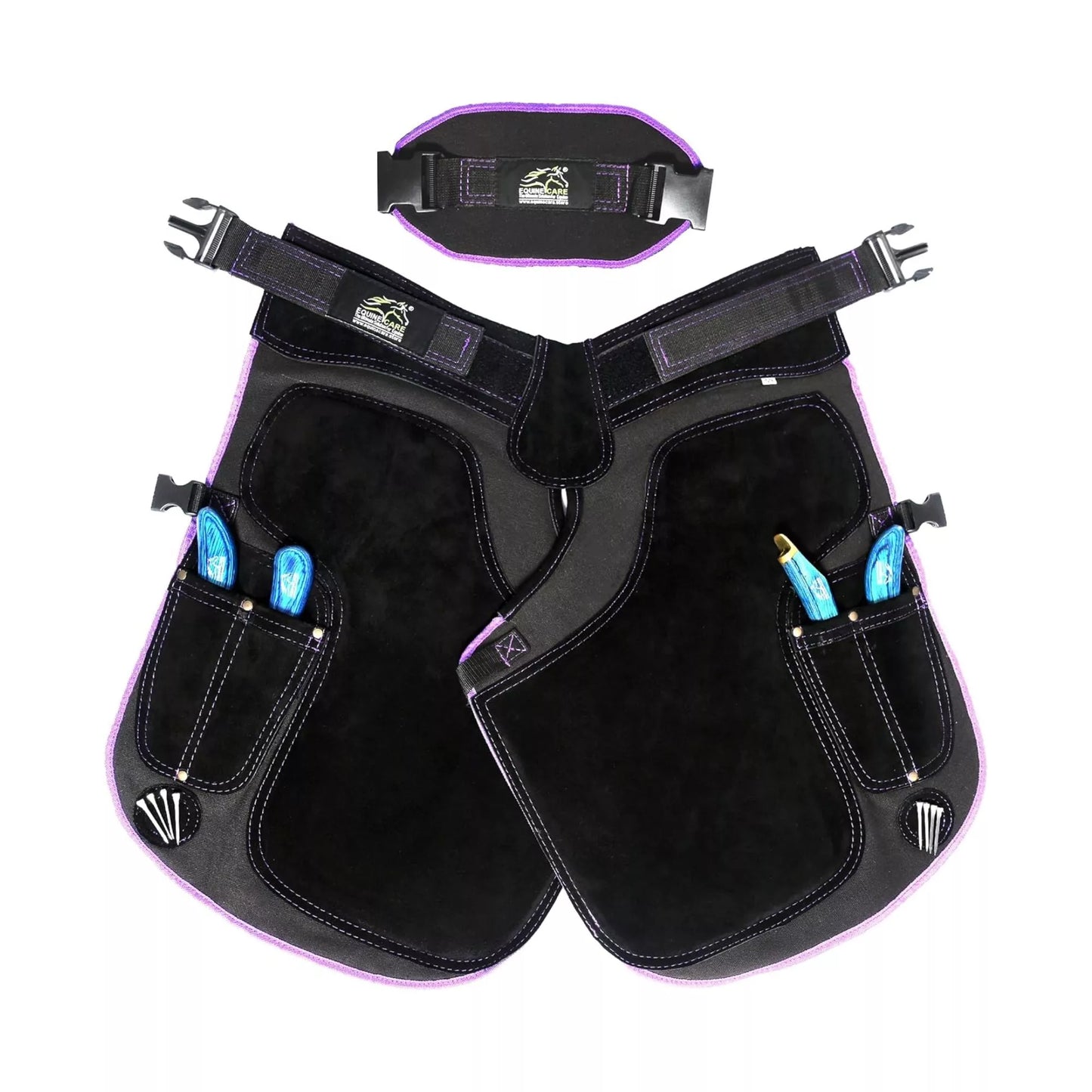 A breathable women’s farrier apron featuring a 23-inch ergonomic cut, magnetic nail holders, and knife pockets, leather & canvas