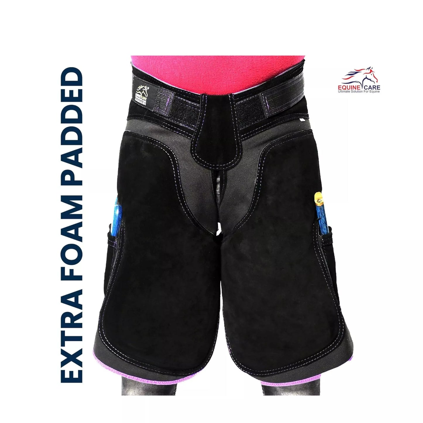 A durable women’s farrier apron made from suede leather with foam padding and tool pockets for hoof trimming