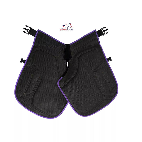 A durable women’s farrier apron made from suede leather with foam padding and tool pockets for hoof trimming