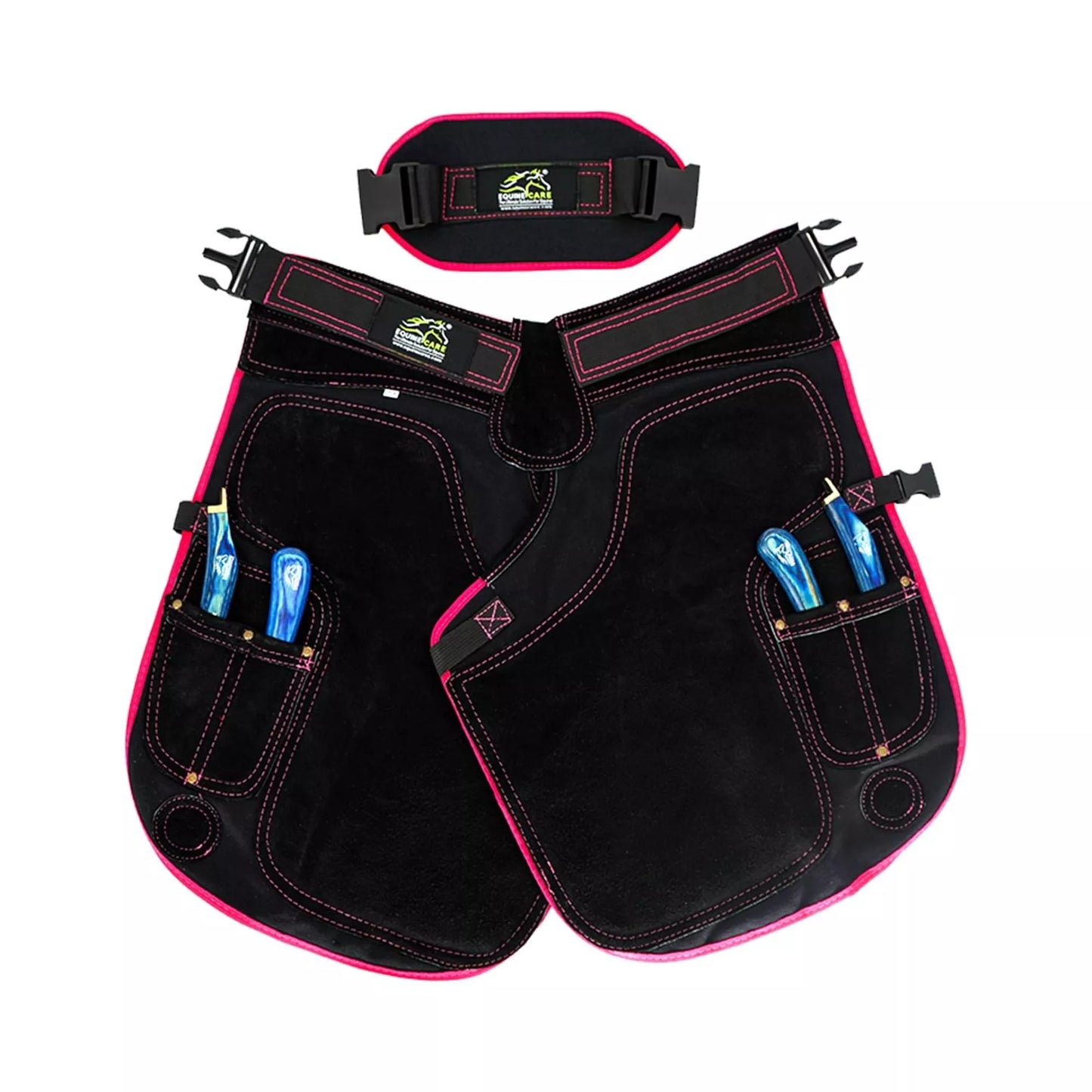A women’s farrier apron with padded thighs, lumbar support, and secure leg straps for stable hoof work, Black with Pink Piping